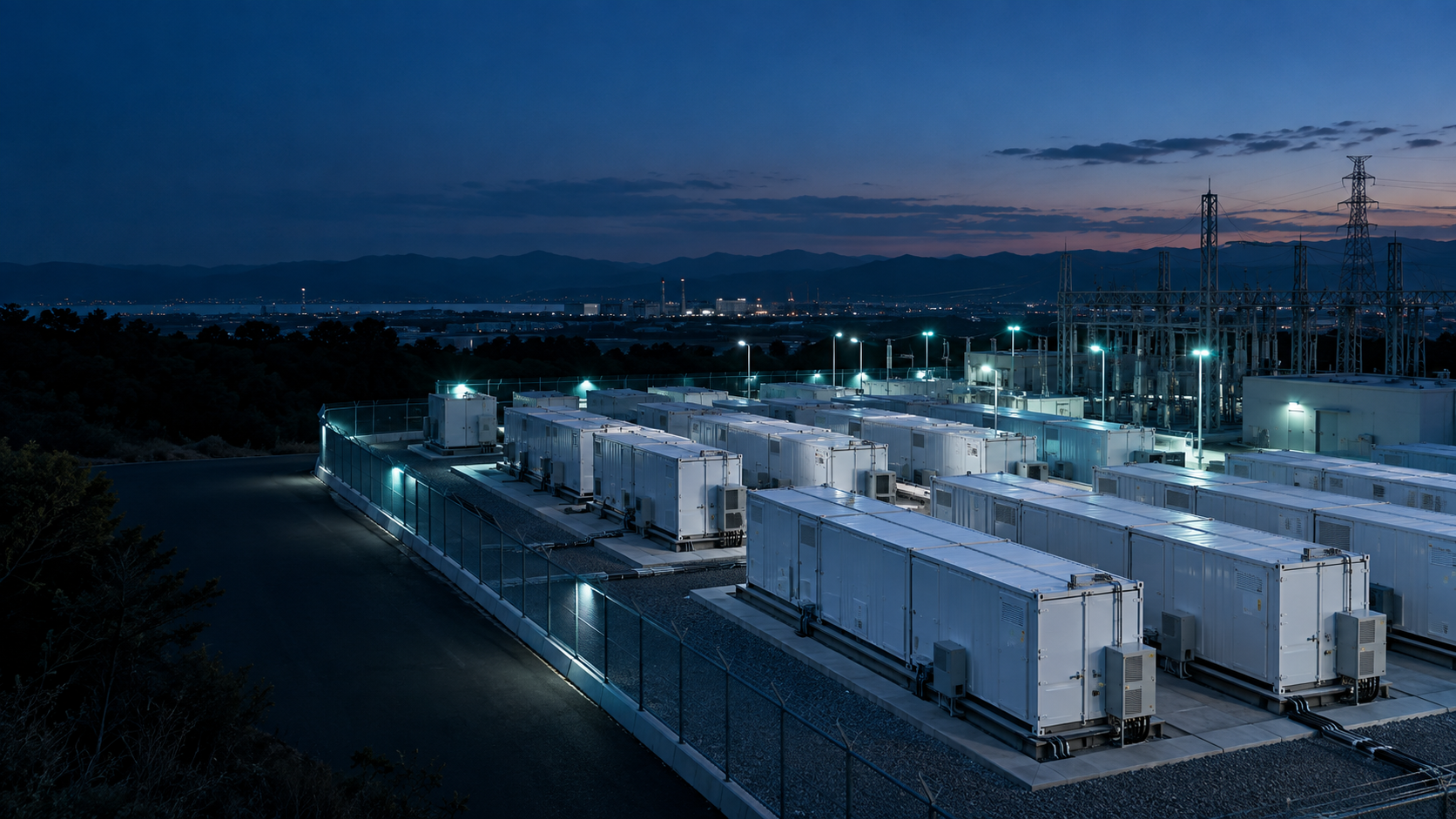 山並みと変電設備を背景に整然と配置された系統用蓄電池施設